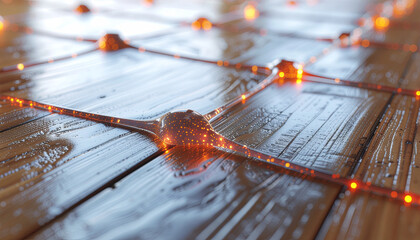 Close-up of a glowing neural network or data connection on a reflective wooden surface.