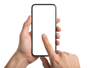 Hand holding phone with blank screen isolated on transparent background