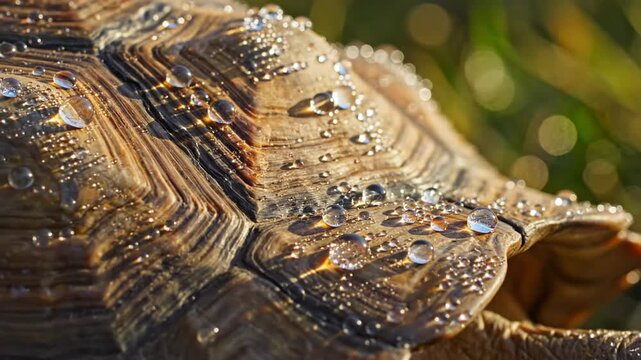Tortoise Shell with Water Droplets Closeup.