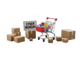 Cyber monday shopping cart with parcels isolated on transparent background