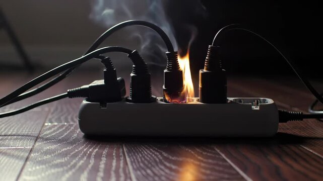 Electrical Fire Erupts from Power Strip with Cables.