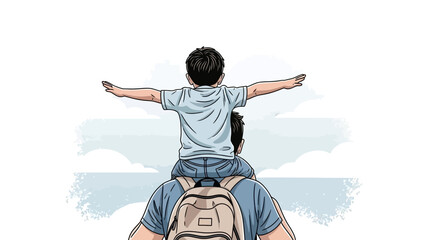 Father carrying son on shoulders with arms outstretched.