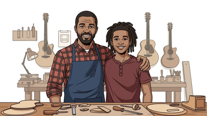 Father and son happily posing in a guitar workshop.