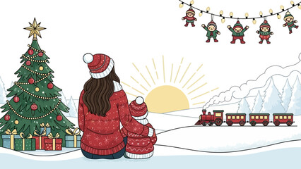 Mother and child in Christmas attire watching a train.