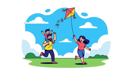 Family flying a kite on a sunny day outdoors.