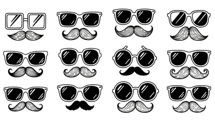Collection of Hand Drawn Sunglasses and Mustaches Icons.