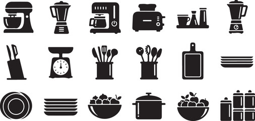 Kitchen Utensils and Appliances Silhouette Icons