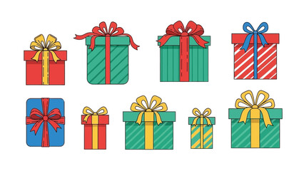 Collection of Festive Gift Boxes with Ribbons and Bows.