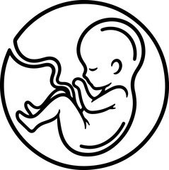Minimalist black and white line art depicting a human fetus curled inside the womb, representing new life, pregnancy, and fundamental human development