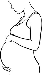 Outline illustration of a pregnant woman holding her belly, symbolizing maternal care, new life, and anticipation