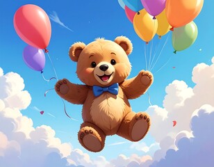 Cheerful teddy bear floating with colorful balloons against a blue sky