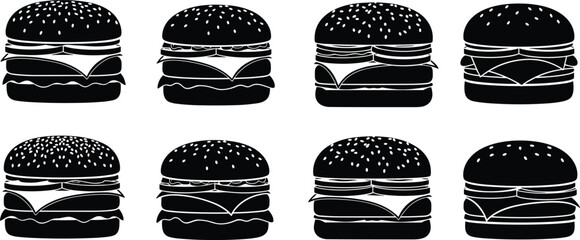 Vector Illustration of Burger Silhouette Set, Featuring Delicious Cheeseburgers with Sesame Buns and Toppings for Fast Food Menu and Restaurant Branding Concepts