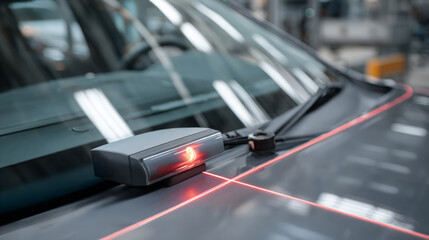 Laser calibration sensor device on car hood in industrial setting. ADAS (Advanced Driver Assistance Systems Calibration) of the sensors of camera or radar systems as well as driver assistance systems.