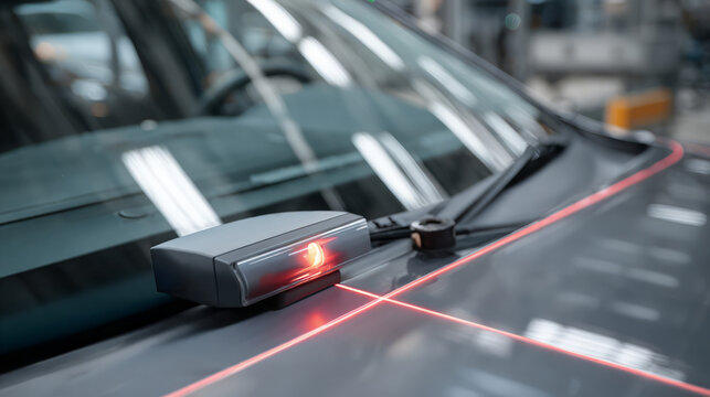 Laser calibration sensor device on car hood in industrial setting. ADAS (Advanced Driver Assistance Systems Calibration) of the sensors of camera or radar systems as well as driver assistance systems.