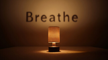 Glowing table lamp casting word breathe on the wall.
