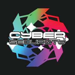 Cyber Security Cyberpunk Style Symbol Logo Template, Bold White Futuristic Typography with Black Outlines placed on Rainbow Neon Edgy Abstract Circle Shapes, Black Backdrop