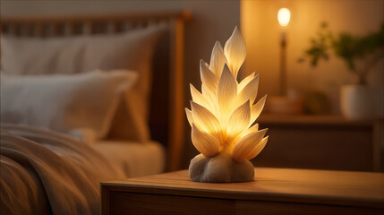 Glowing lotus-shaped lamp on bedside table in cozy bedroom.