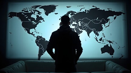 Rear view of a person in a hoodie studying a digital world map on a large screen