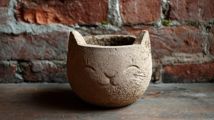 Concrete cat planter on wooden table against brick wall.