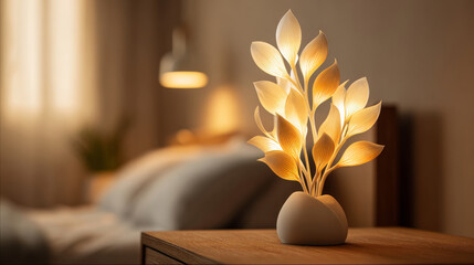 Leaf shaped lamp glowing warmly on bedside table.