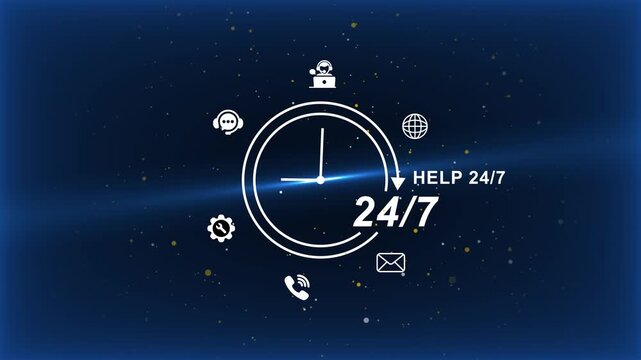24/7 Support Services Concept with Clock and on Dark Blue Background customer service help desk