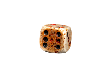 A close-up shot of a well-worn, six-sided die, showing its pitted surface and speckled markings, isolated against a black backdrop