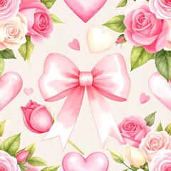 Romantic floral pattern with hearts and bows