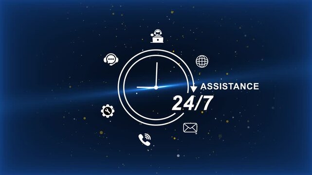24/7 assistance support services concept with clock and on dark blue background customer help
