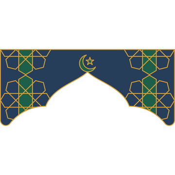 Ornate Traditional Islamic Geometric Pattern Arch with a Radiant Crescent Moon and Star Illustration