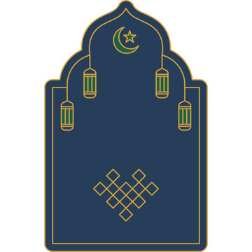A Traditional Dark Blue Islamic Prayer Mat with Crescent Moon and Star Symbols Illustration