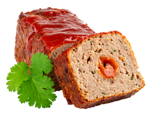 A close-up shot of cooked loaf sliced to reveal a filling, topped with a glossy red glaze, accompanied by greenery