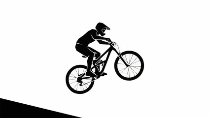 Fototapeta premium Silhouette of a mountain biker performing a jump on a white background.