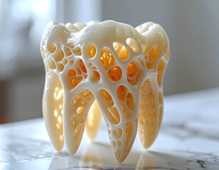 Close-up of a 3D-printed molar tooth, revealing internal structure