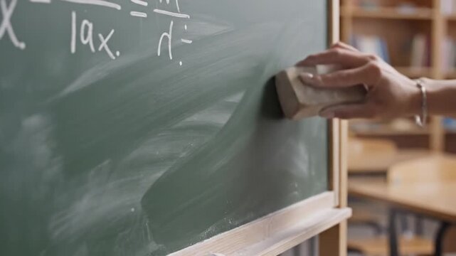 A person erasing equations from a green chalkboard with a white eraser in a library