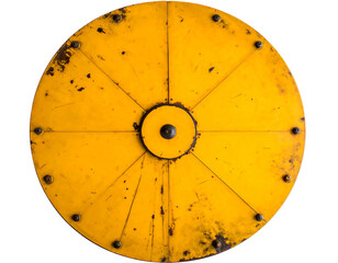 A close-up view of a circular, aged, yellow object with dark bolts and lines radiating from the center