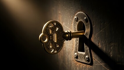 A golden vintage key partially inserted into a weathered keyhole under dim light highlights