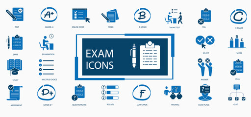 Exam and Assessment Icons. Modern Line and Glyph Icons for Tests Quizzes Results Evaluation Timed Assessments Study Materials and Academic Performance Editable Stroke Vector Format. 