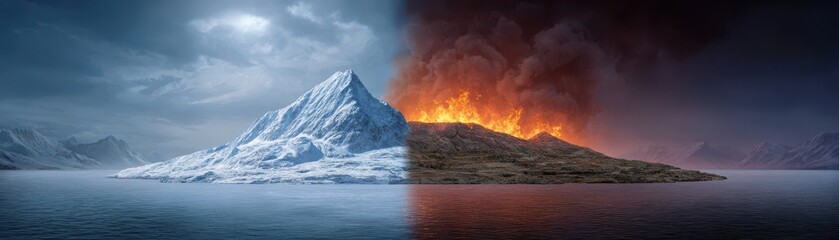 Fototapeta premium A striking image depicting a stark contrast between a snowy mountain and a fiery volcano, symbolizing the extremes of nature's climate.