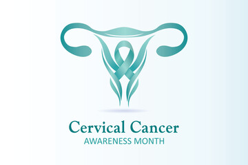 Elegant Cervical Cancer Awareness Month design featuring a stylized uterus combined with a teal awareness ribbon. This illustration symbolizes women’s health, early detection, and prevention.