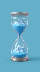An artistic hourglass with blue sand and miniature mountains inside, set against a contrasting blue background, symbolizing time and nature.