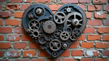 Steampunk heart on brick wall