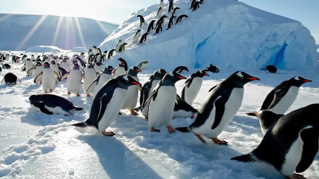 A large colony of penguins waddling across a vast icy landscape under bright sunlight in Antarctica