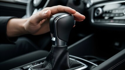 Obraz premium Close-up of a hand on a gear shift in a modern car, emphasizing control and automation