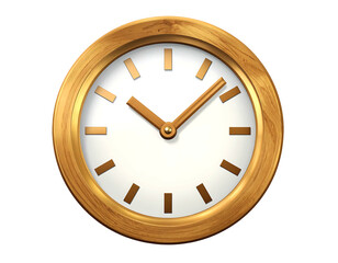 A close-up view of a circular clock with a gold-colored frame, white face, and brown hour markers