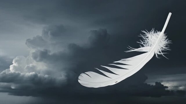 A single white feather floats gracefully against a backdrop of dark, ominous storm clouds