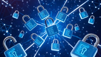 Digital network with floating padlocks representing data protection and cyber security