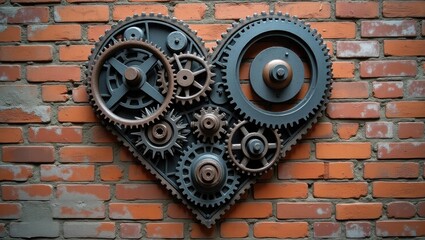 Steampunk heart on brick wall