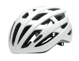 A close-up studio shot presents a sleek white protective headgear, showcasing its aerodynamic design for enhanced safety