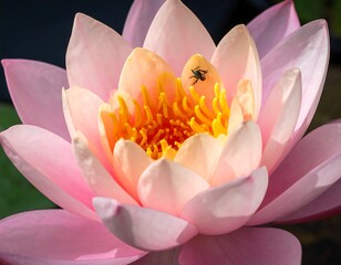 Close-up of a blooming aquatic flower with soft pink petals and yellow center