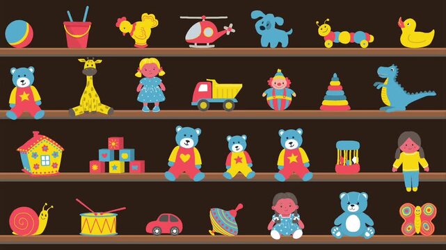 Toys on Shelves. Animation. Moving Shelves with Children&rsquo;s Toys. Seamless Looping Background. Toy Store Interior. Car, Teddy Bears, Dolls, Snail, House, Dog, Giraffe, Cubes, other items
